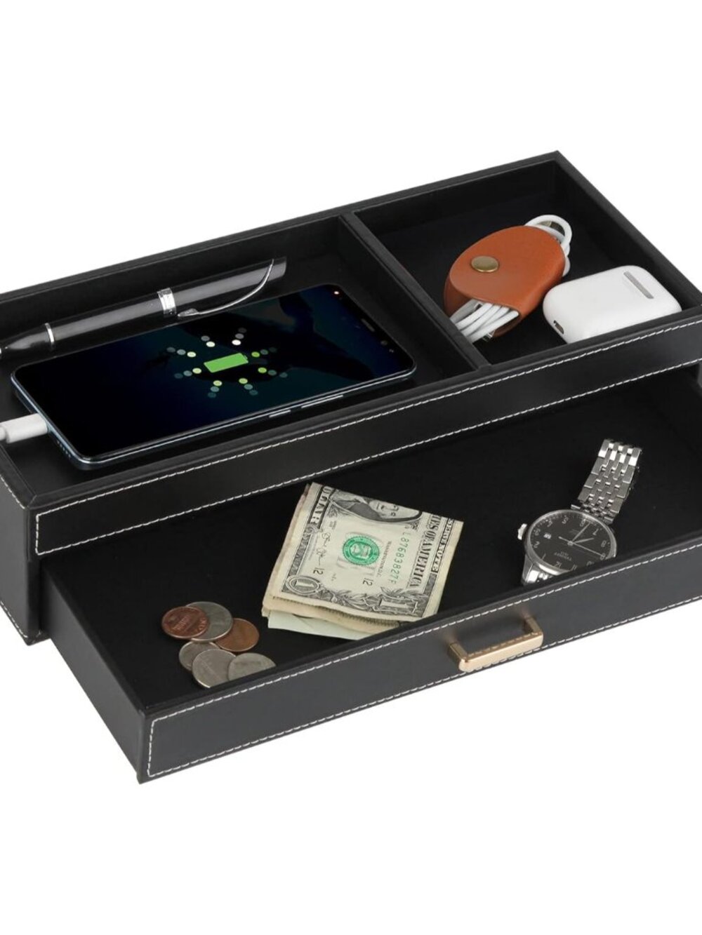Valet Jewelry Tray Organizer with Drawer, Faux Leather Storage Catchall Box Phon